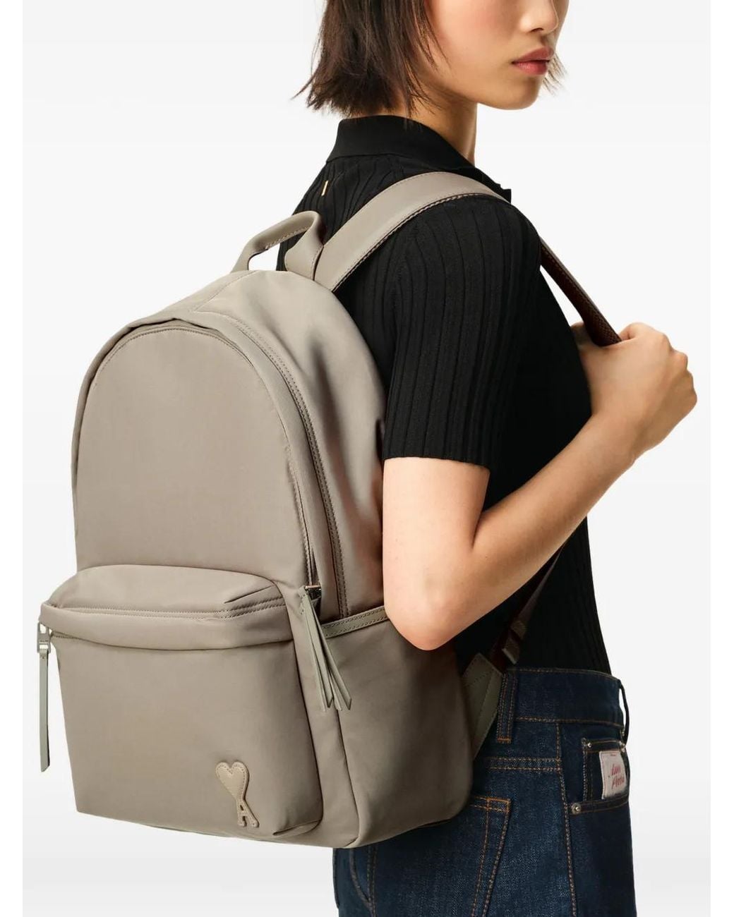 AMI Gray Marcel Padded Logo-Patch Backpack