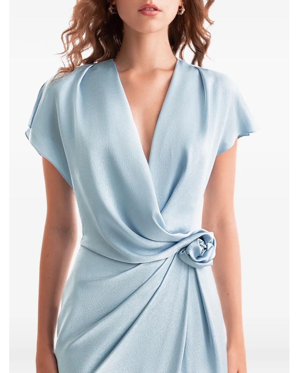 Gemy Maalouf Blue Draped V-Neck Flower Maxi Dress