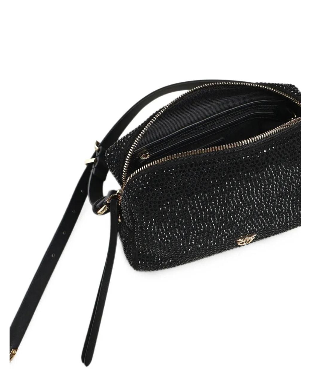 Pinko Black Fully Rhinestoned Mini Suede-Effect Crossbody Boston Bag