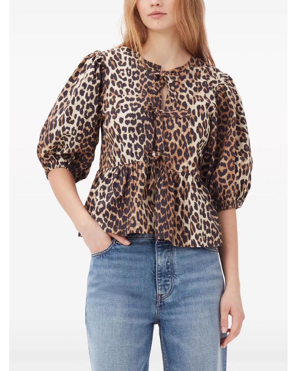 Ganni Brown Leopard-Print Organic-Cotton Blouse