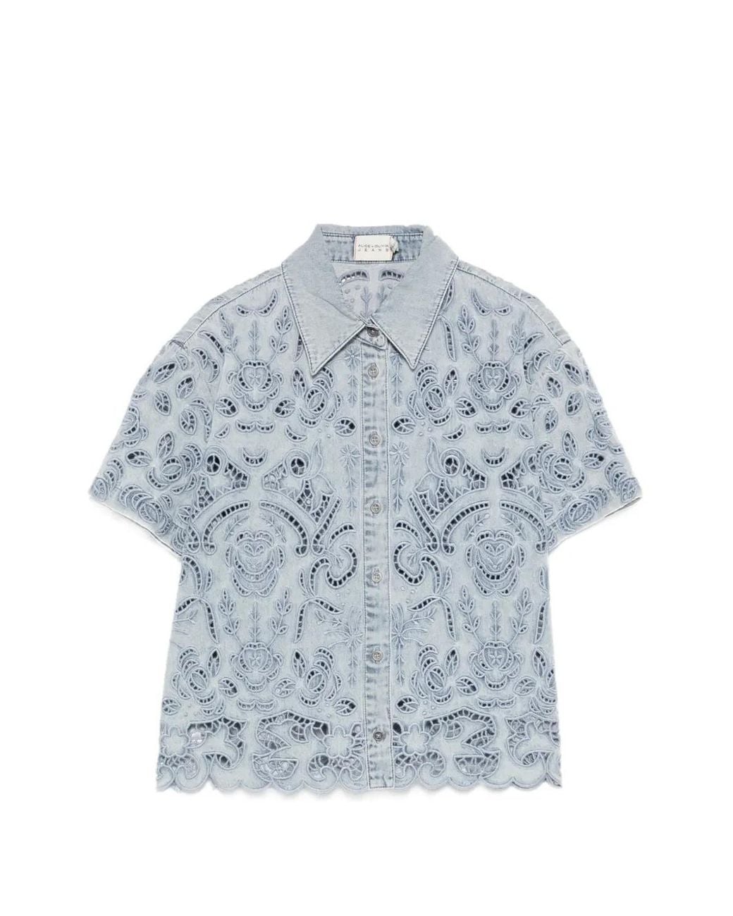 Alice + Olivia Blue Floral-Lace Button Shirt