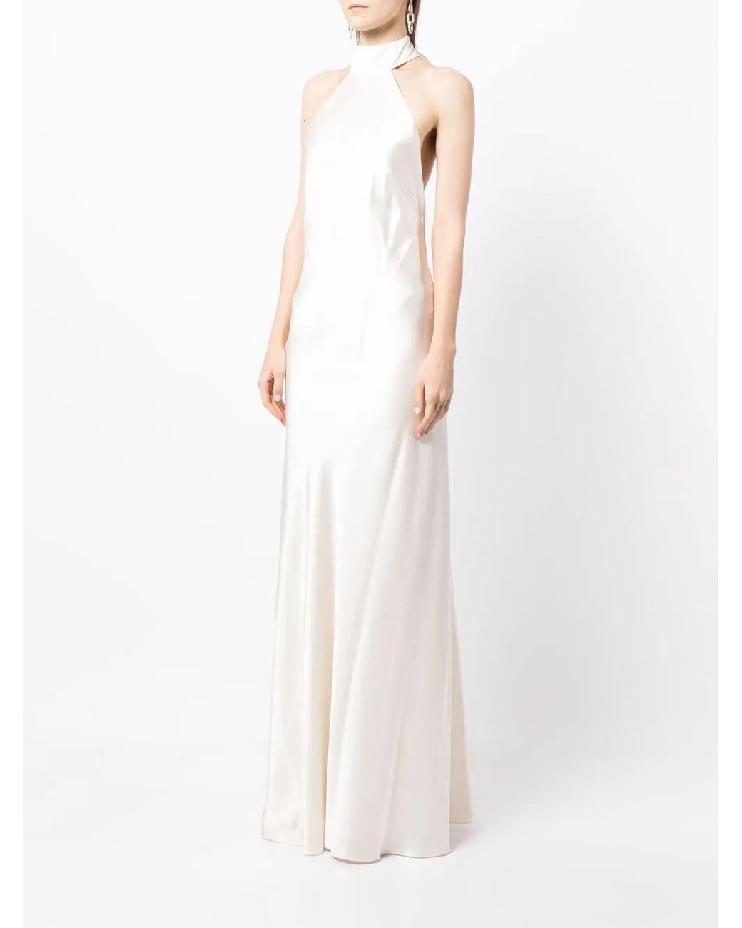 Michelle Mason White Backless Halter-Neck Tie Gown