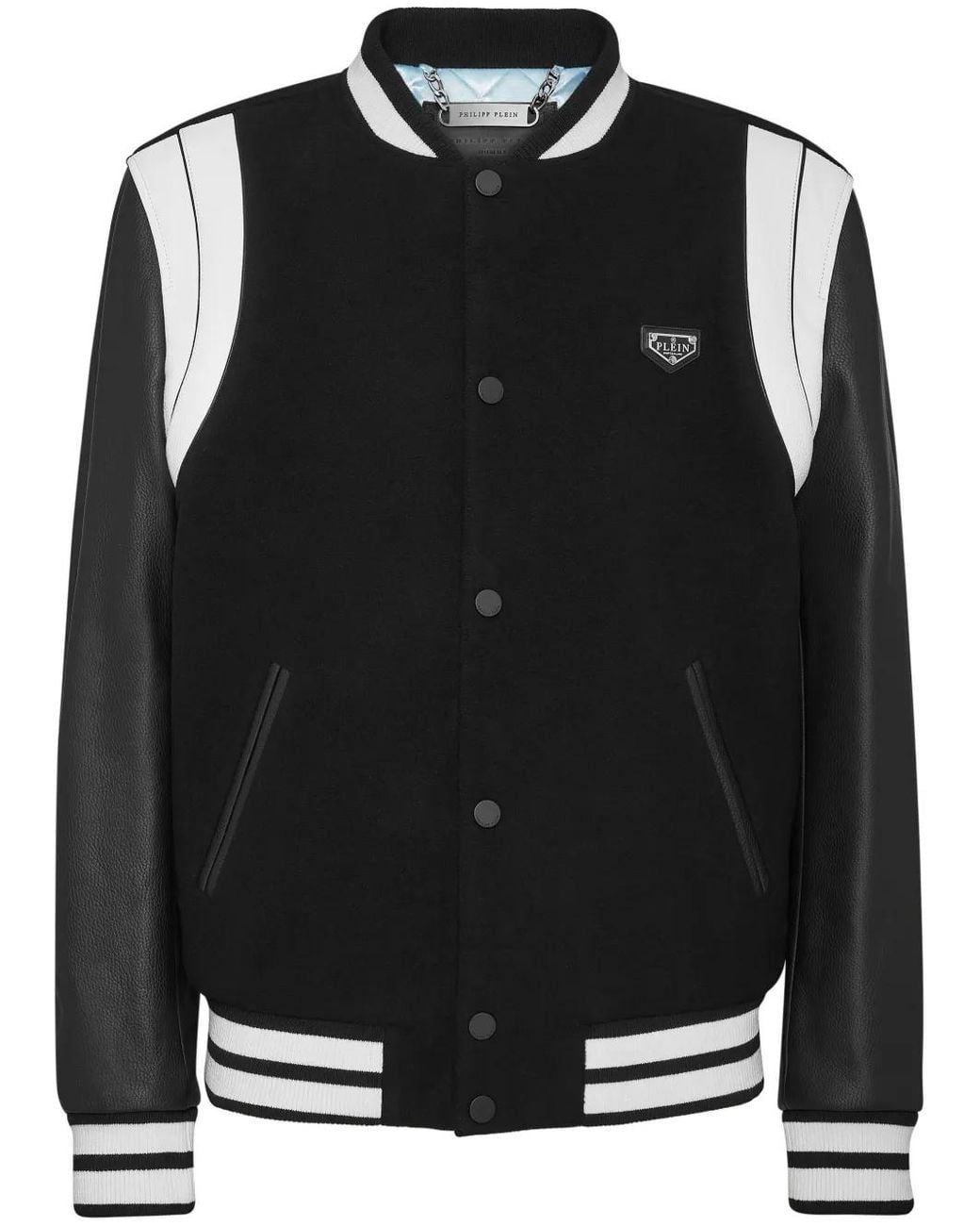 Philipp Plein Black Leather Sleeves Bomber Jacket for men