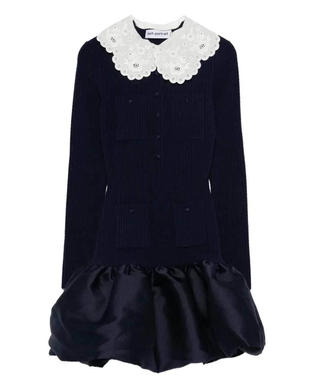 Self-Portrait Blue Knit And Taffeta Mini Dress
