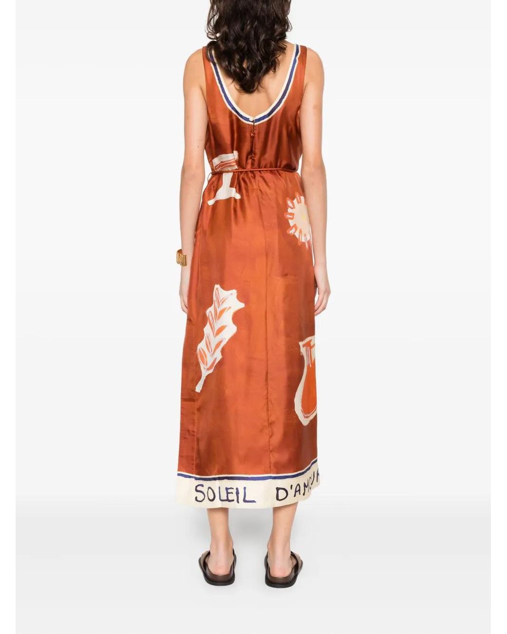 ALMAIS Soleil D'Amour Graphic-Print Tie Midi Dress in Orange | Lyst