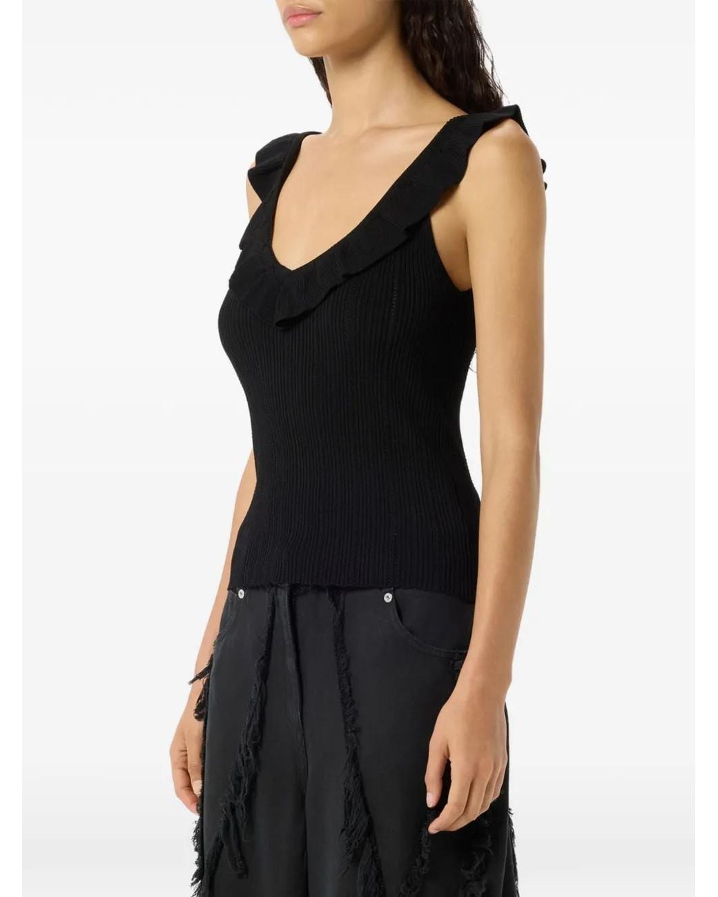 Blumarine Black Ruffled V-Neck Tank Top