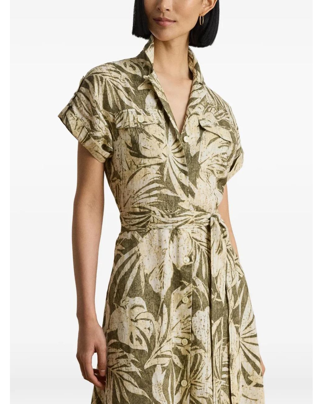 Ralph Lauren Metallic Palm-Frond-Print Camp Midi Shirt Dress