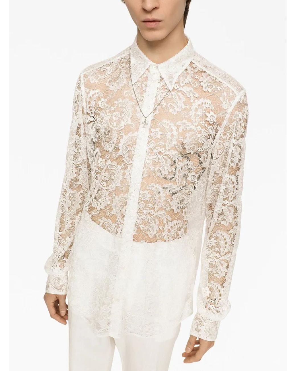 Dolce & Gabbana White Sheer-Coverage Lace Shirt for men