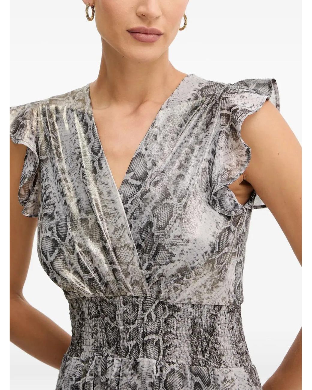 Morgan Gray Ruffled Reptile-Print Midi Dress