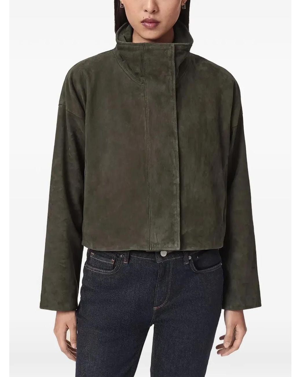 AllSaints Gray Funnel-Neck Suede Jacket
