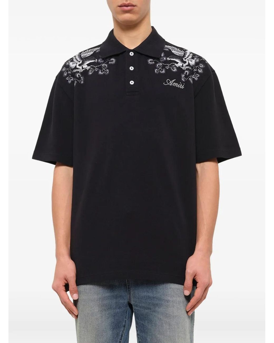 Amiri Black Floral-Embroidered Polo Shirt for men