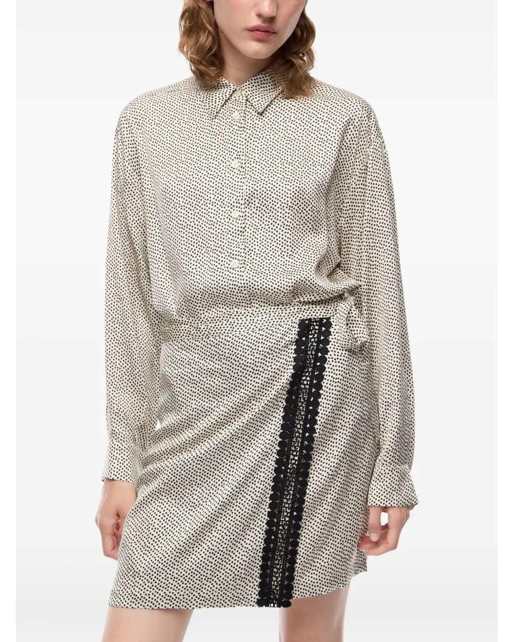 Pinko Gray Mini Shirt Dress With Polka-Dot Print And Lace