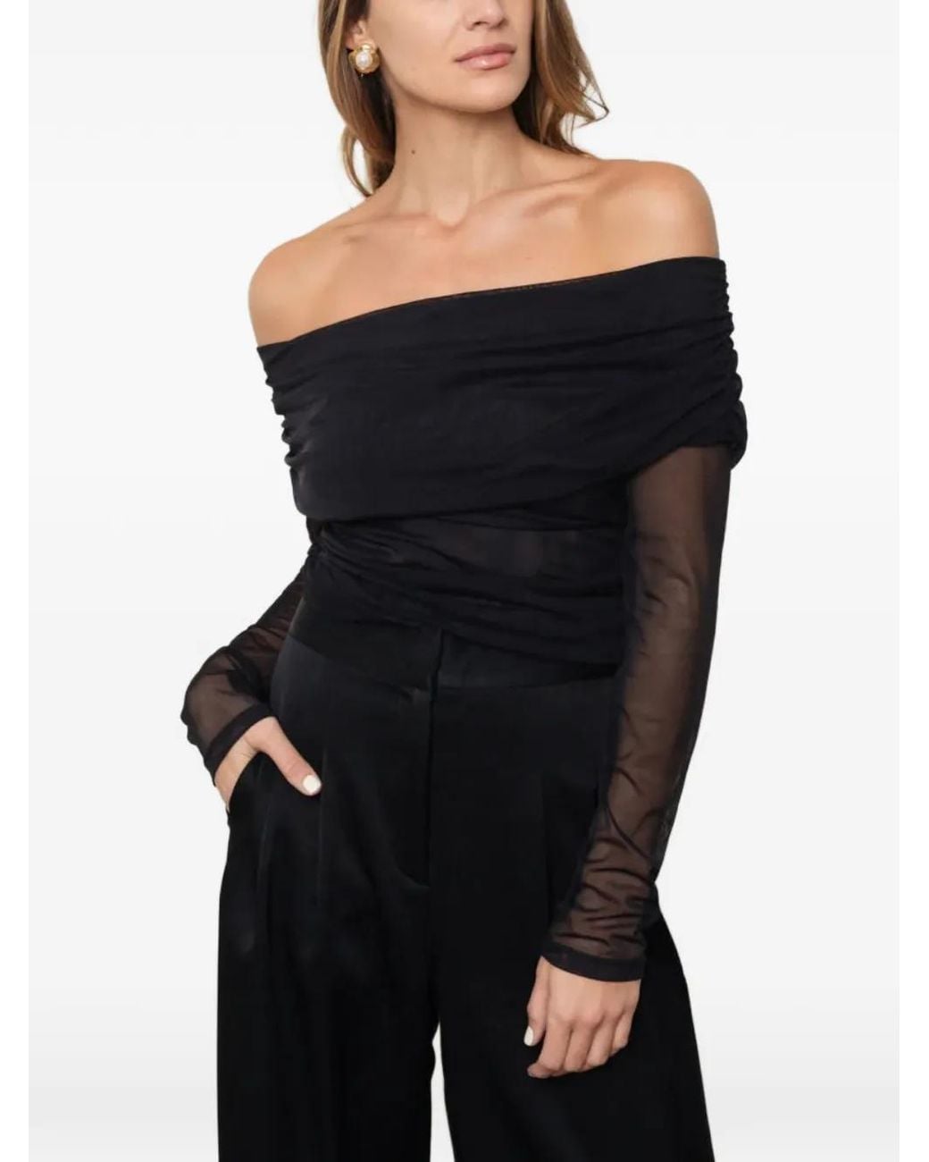 Taylor Blue Sunset Off-Shoulder Mesh Top