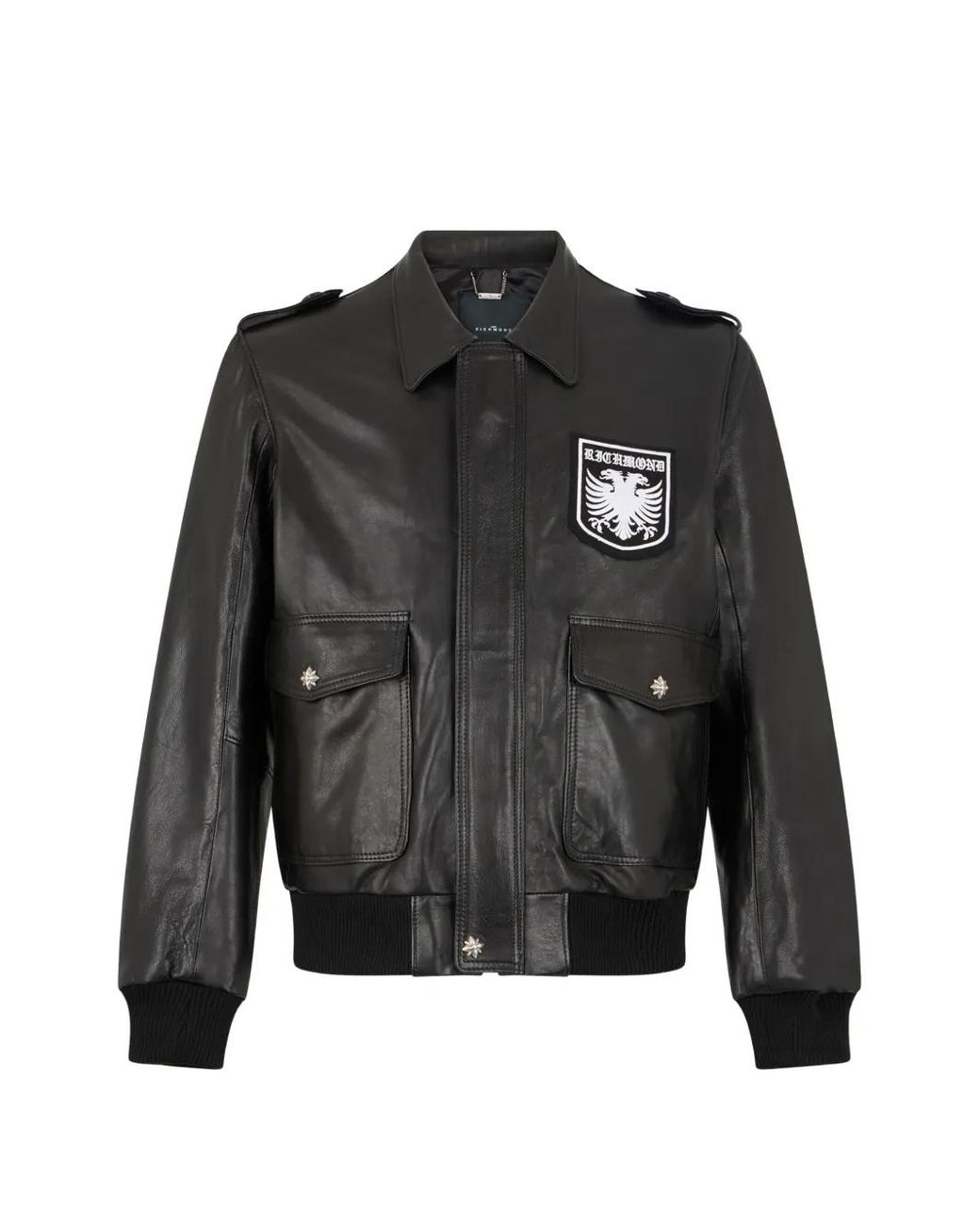 John Richmond Black Logo-Patch Leather Bomber Jacket for men