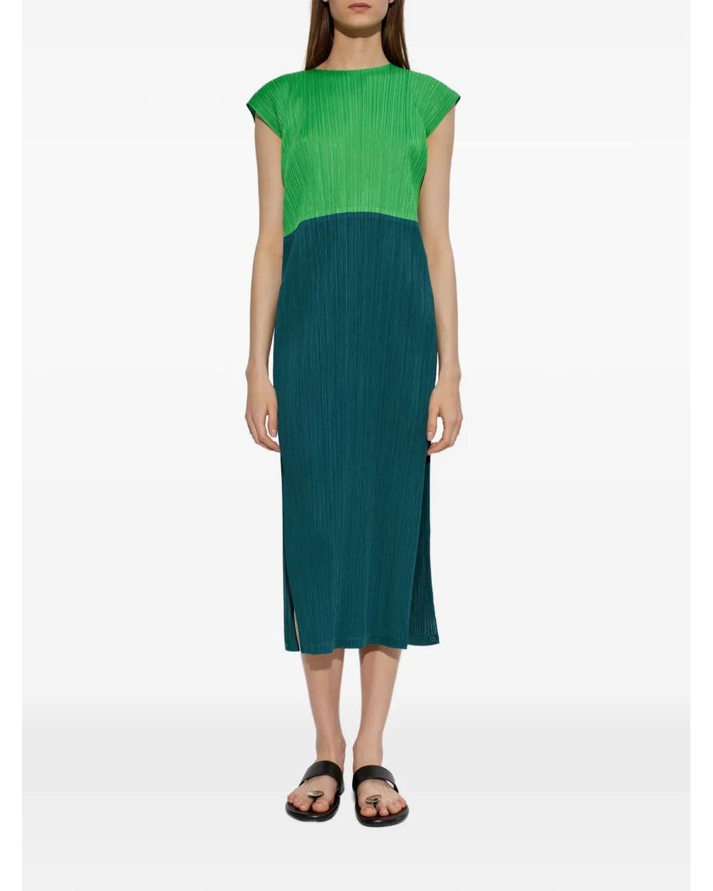 Pleats Please Issey Miyake Green Pleated Dress With Side Slits