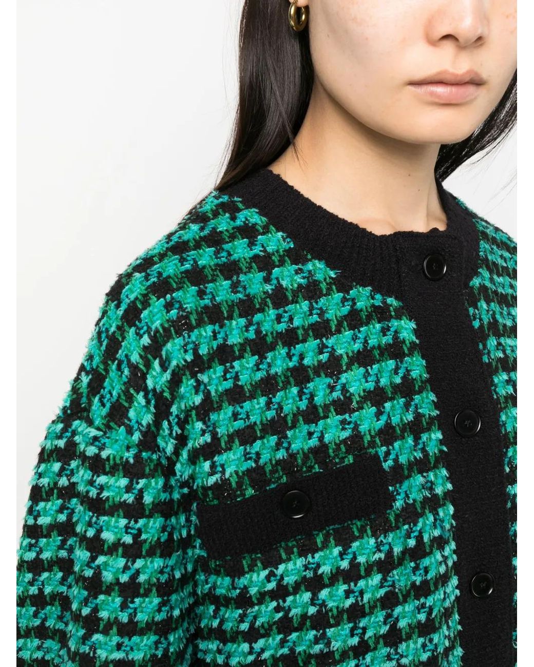 MSGM Green Houndstooth-Pattern Tweed Cardi-Coat