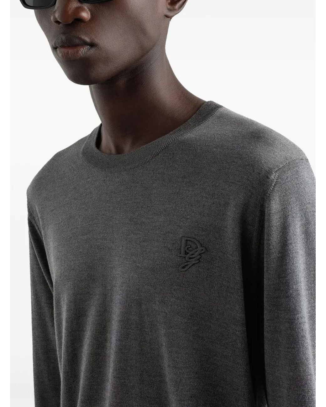 Dolce & Gabbana Gray Silk Round-Neck Sweater With Dg Embroidery for men