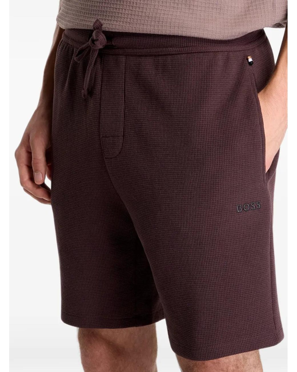 HUGO Brown Cotton-Blend Pajama Shorts With Embroidered Logo for men