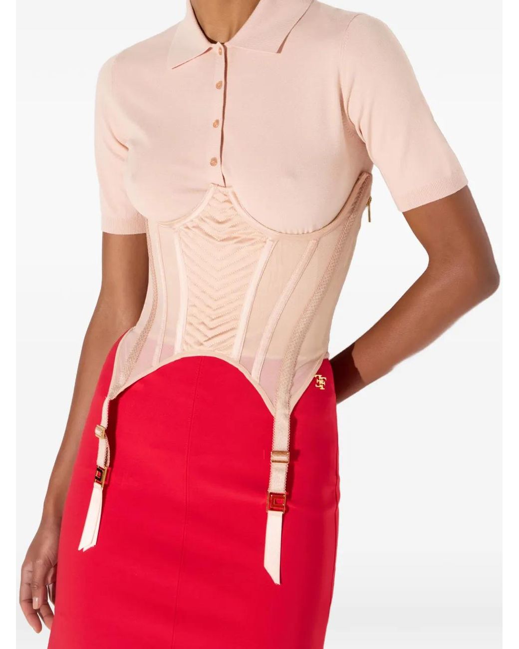 Elisabetta Franchi Pink Knit Bustier-Style Polo Shirt