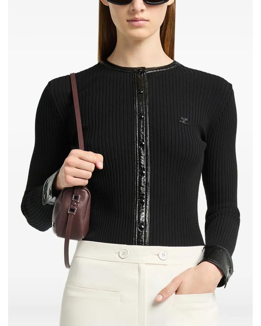 Courreges Black Vinyl-Trim Ribbed-Knit Sweater
