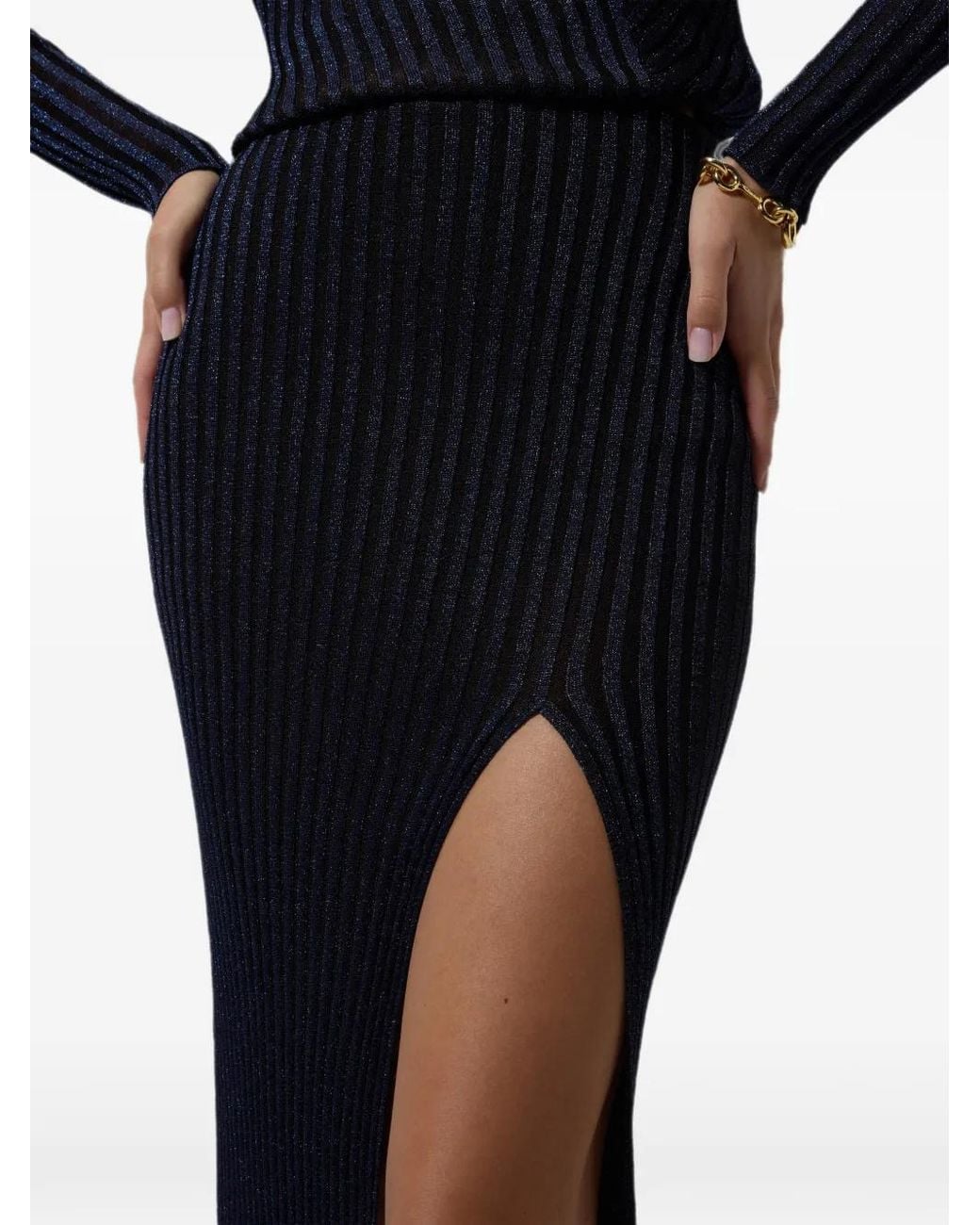 Missoni Blue Ribbed Viscose Lamé Midi Skirt With Slit