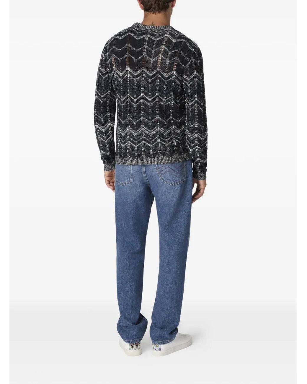 Missoni Black Crew-Neck Cotton Chevron Pullover With Ribbed Trims for men