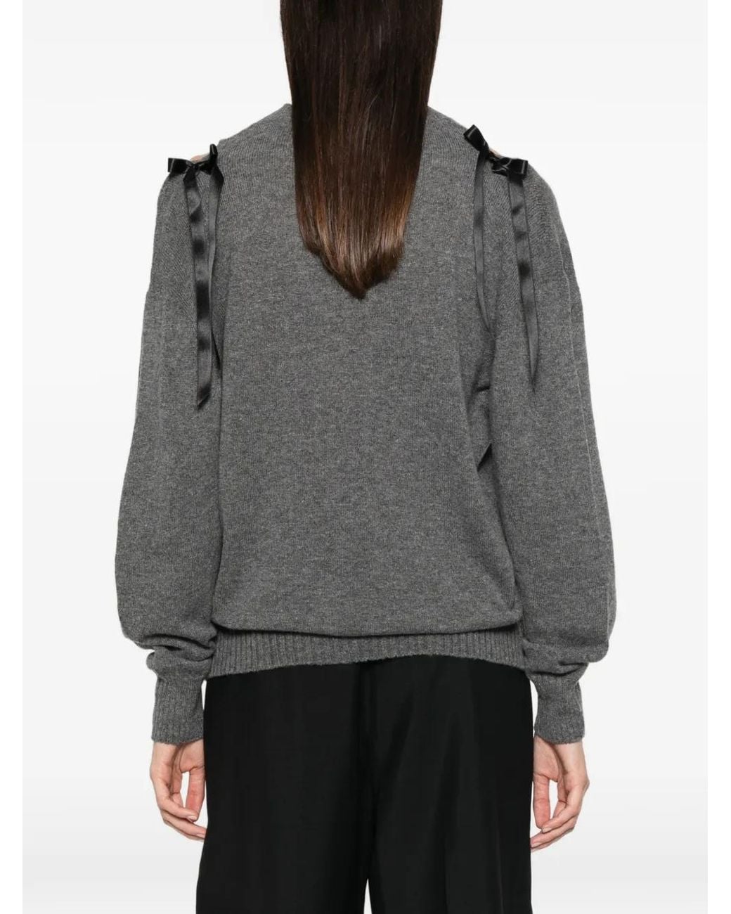 Simone Rocha Gray Bow-Embellished Cold-Shoulder Sweater