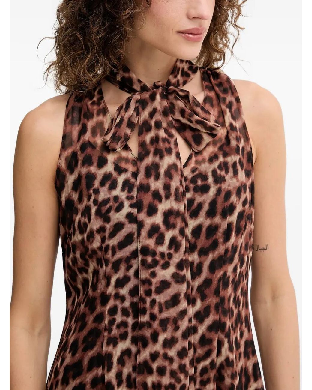 DKNY Brown Tie Neck Ruffled Mini Dress