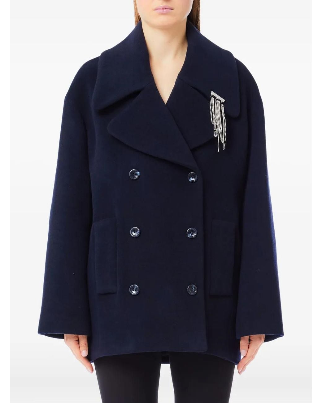 Liu Jo Blue Double-Breasted Chain-Embellished Peacoat