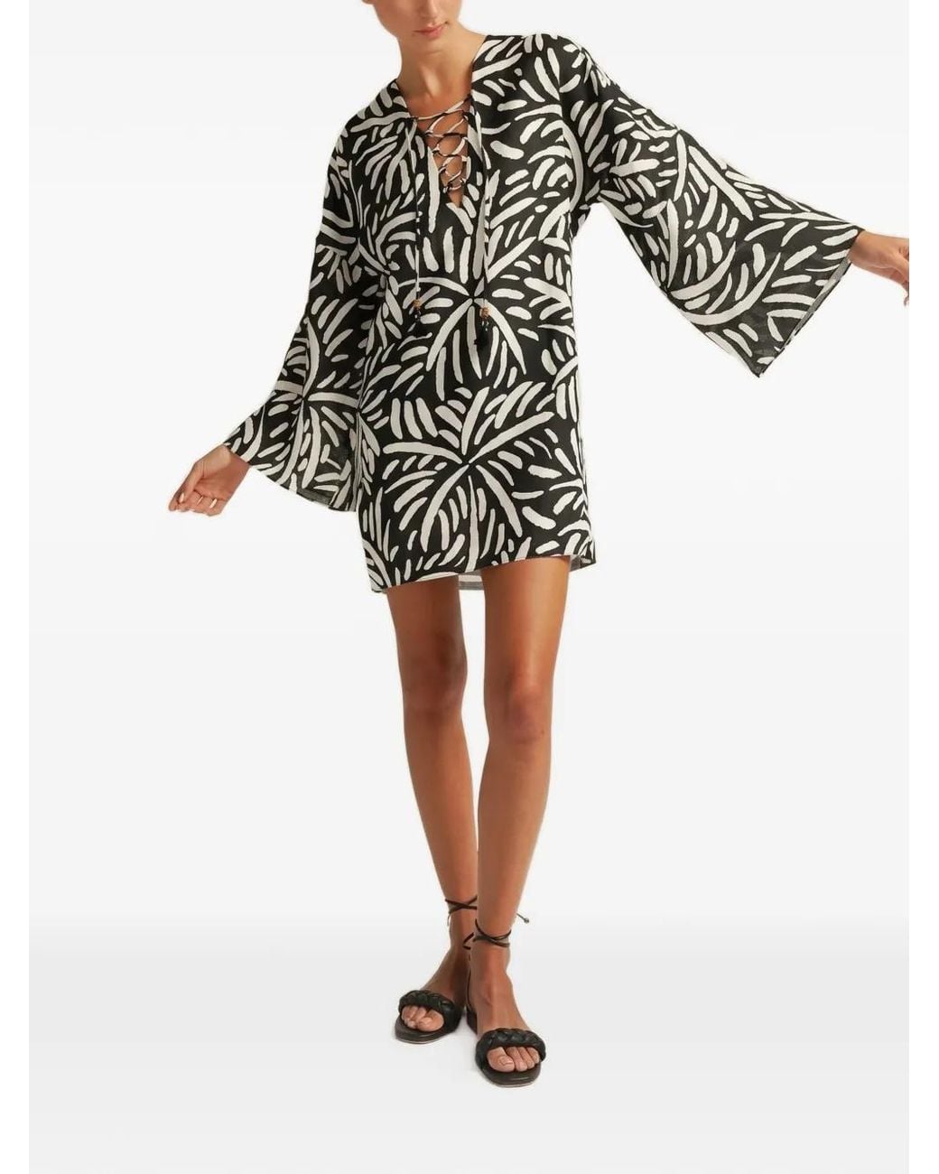 Cala De La Cruz White Turin Palm-Print Linen Mini Dress