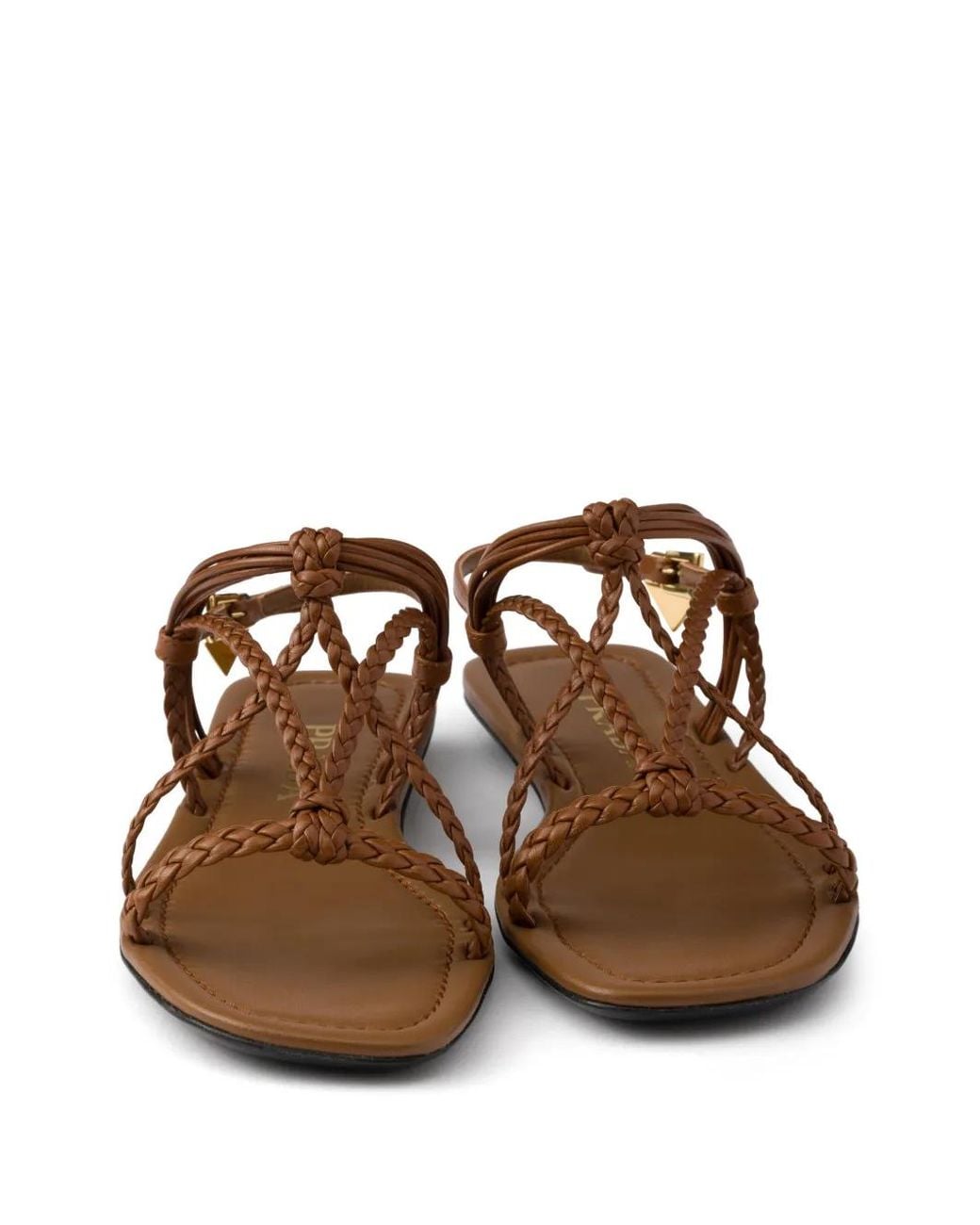 Prada Brown Sandales En Cuir À Semelle Plate