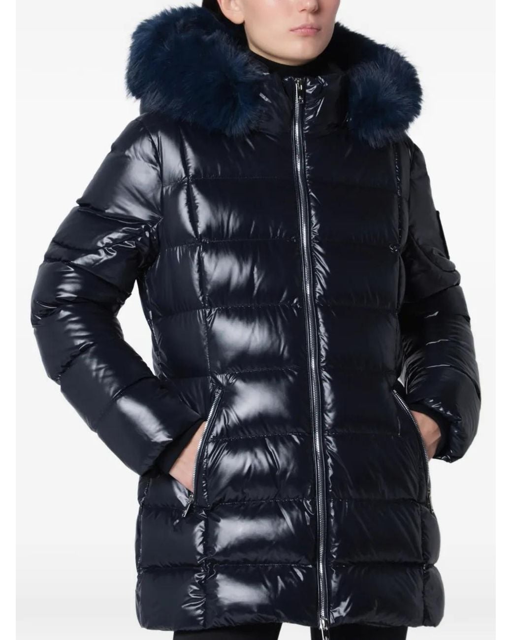 Moose Knuckles Blue Celestia Faux Fur-Trimmed Quilted Coat