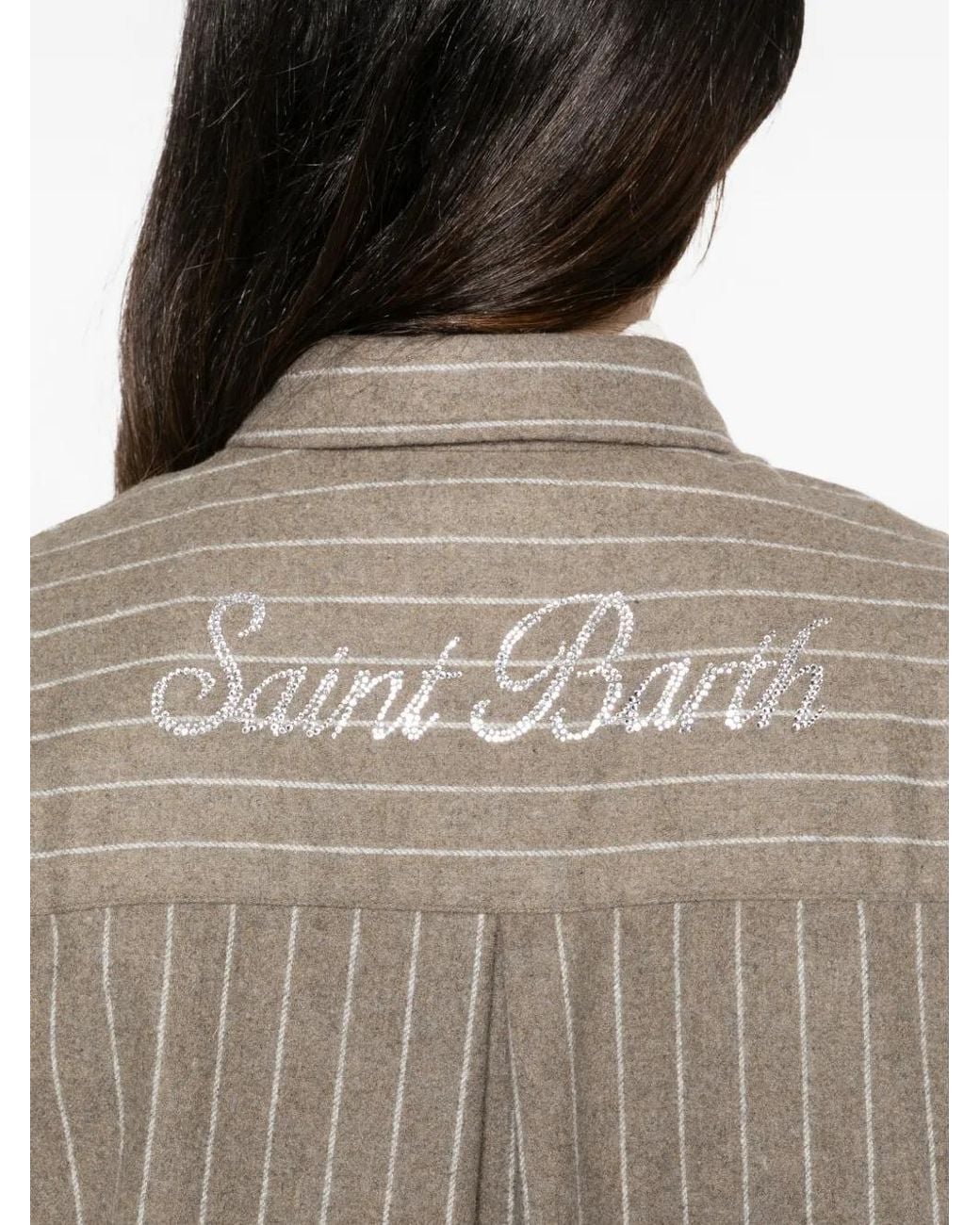 Mc2 Saint Barth Brown Pinstripe-Pattern Crystal-Embellished Shirt