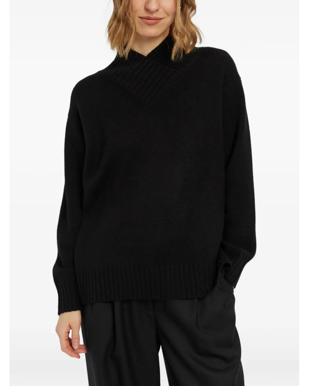 Chinti & Parker Black Ribbed-Knit Wrap-Neck Sweater