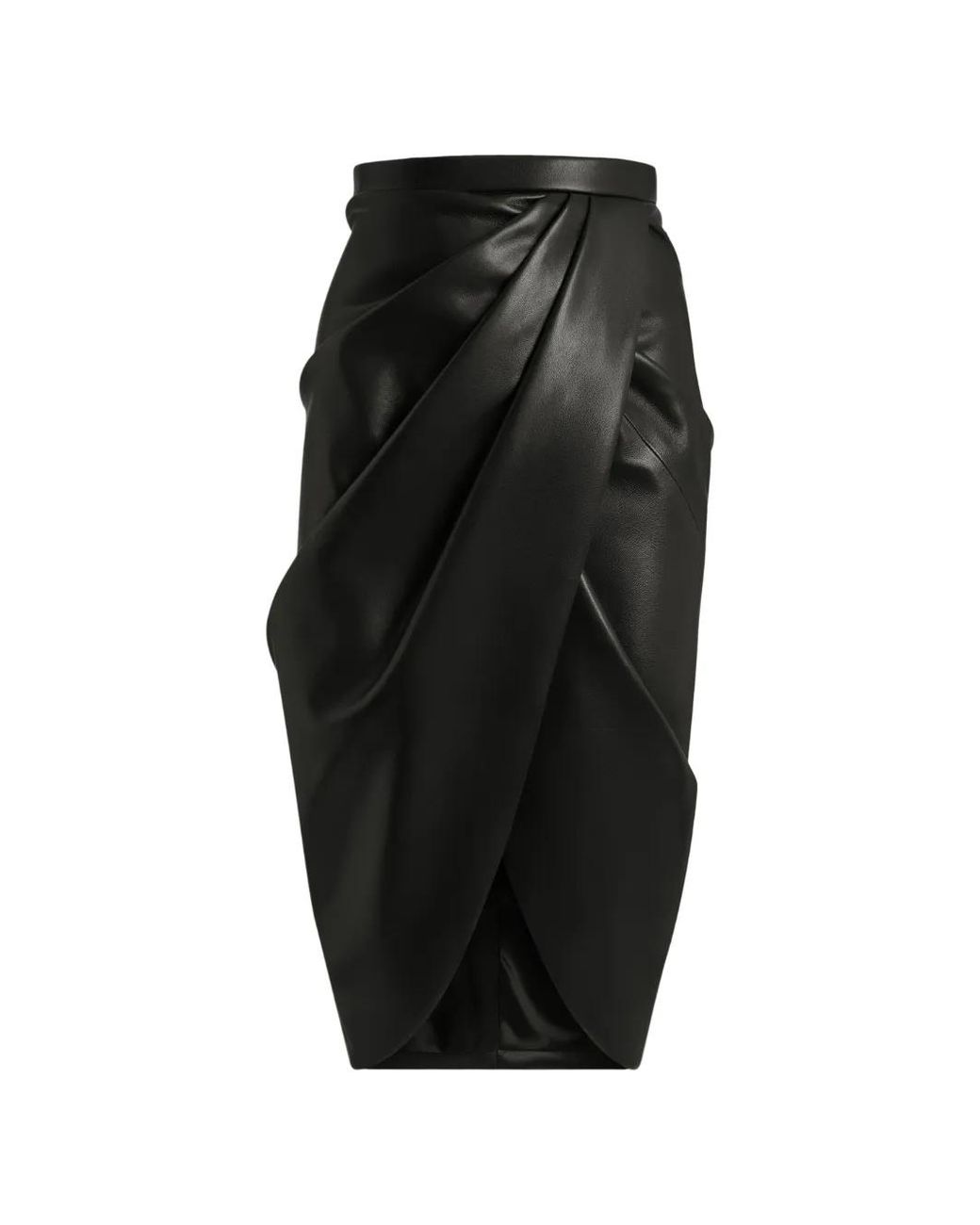 Balmain Black Draped Lambskin Midi Skirt