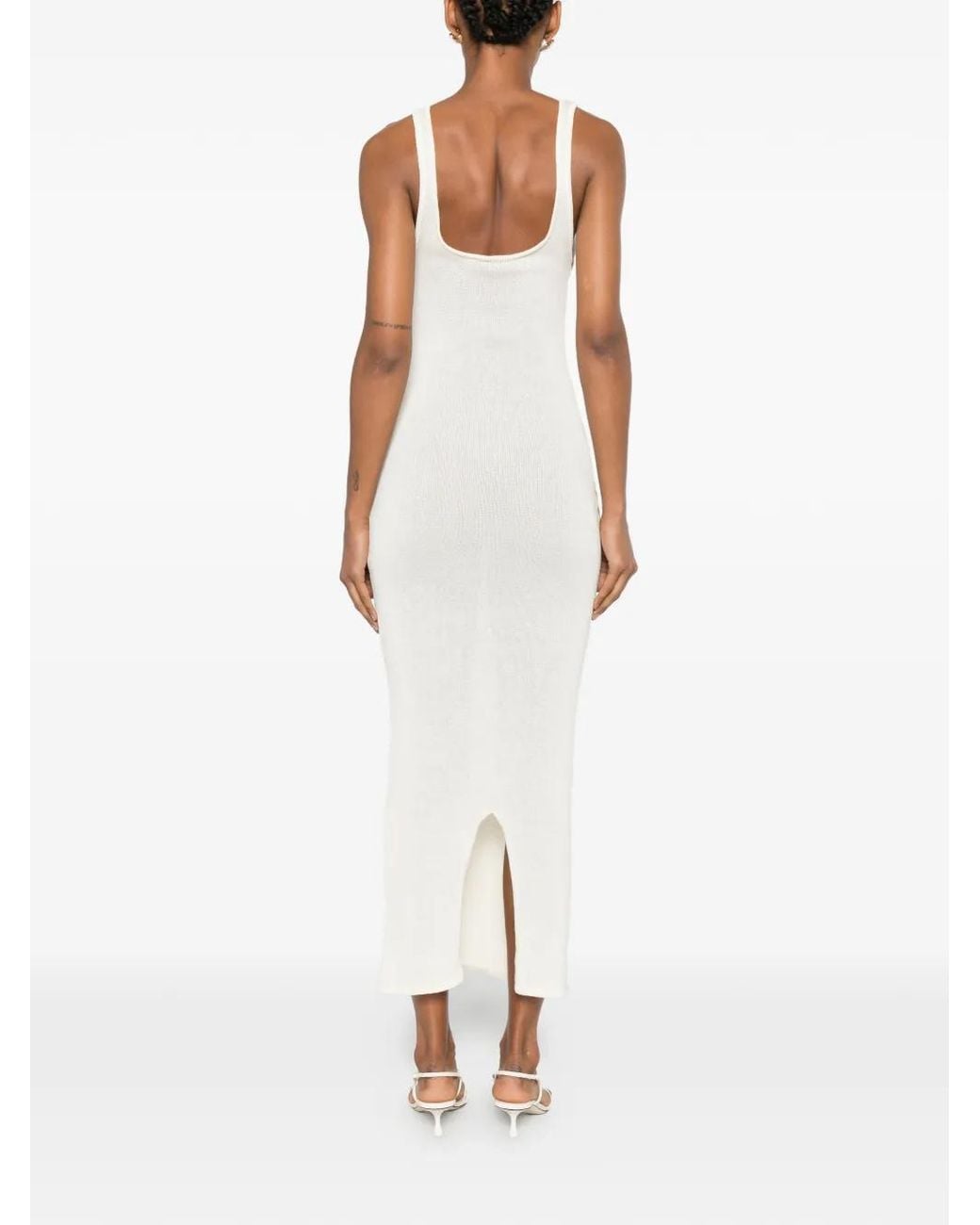 Leslie Amon White Bead-Embellished Knit Midi Dress
