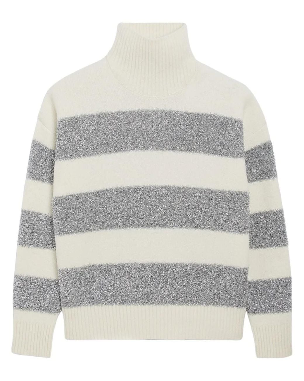 AMI Gray Funnel Neck Lurex-Striped Jumper