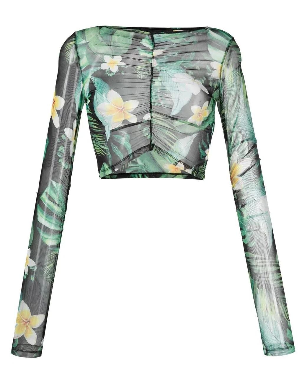 Philipp Plein Green Hawaii-Print Cropped Top