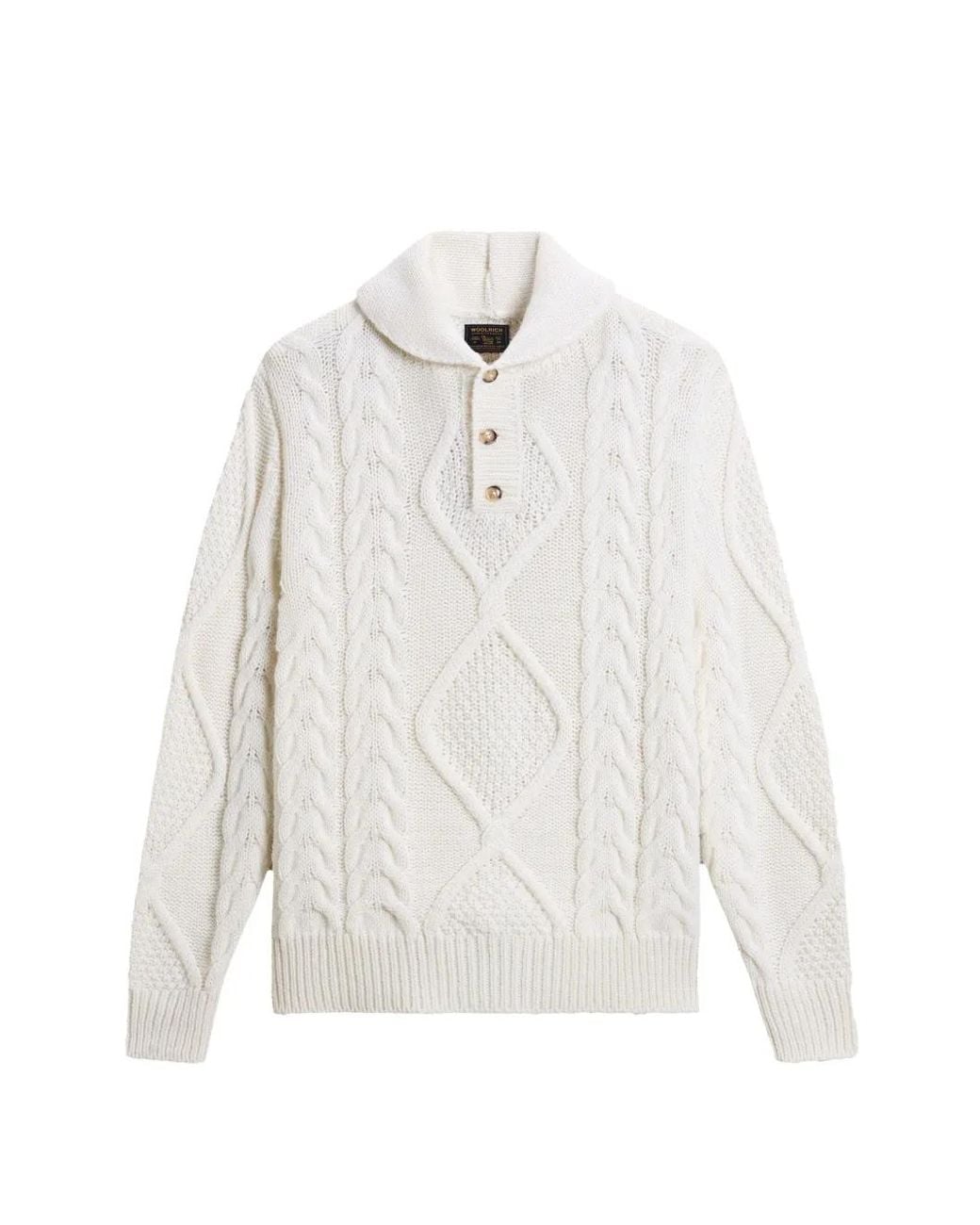 Woolrich White Cable-Knit Shawl-Neck Sweater for men