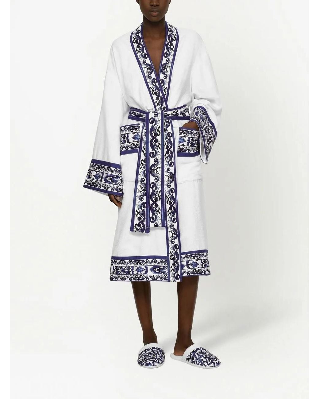 Dolce & Gabbana White Barocco-Print Terry-Cloth Slippers