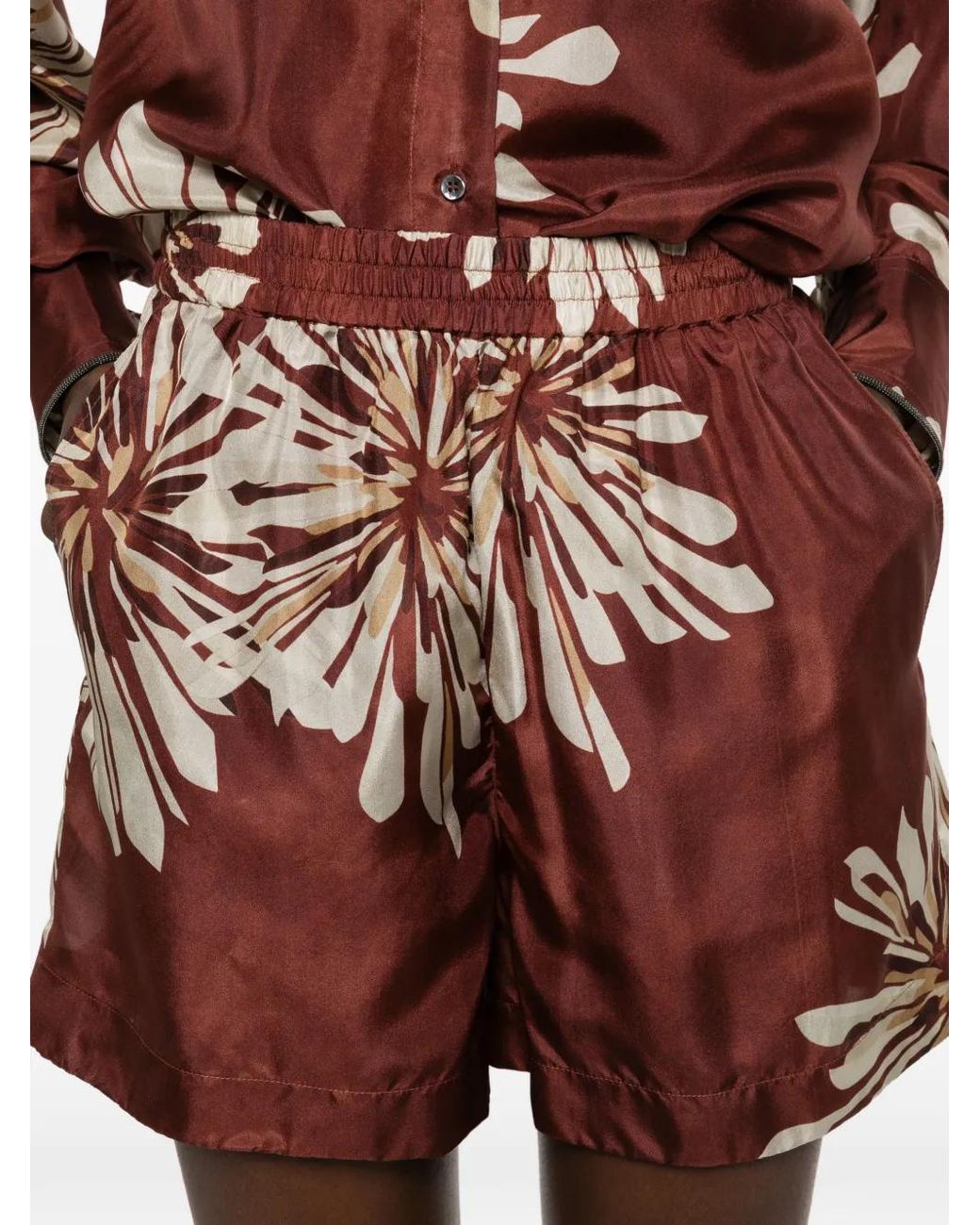 Brunello Cucinelli Red Floral Silk Shorts
