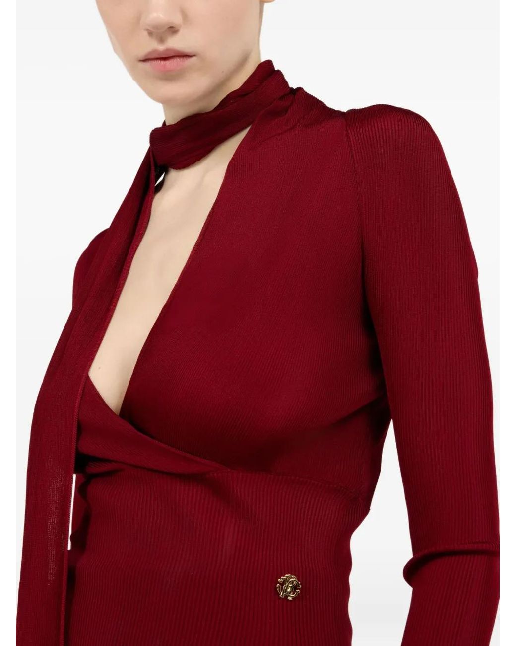 Roberto Cavalli Red Wrap-Over Ribbed-Knit Top