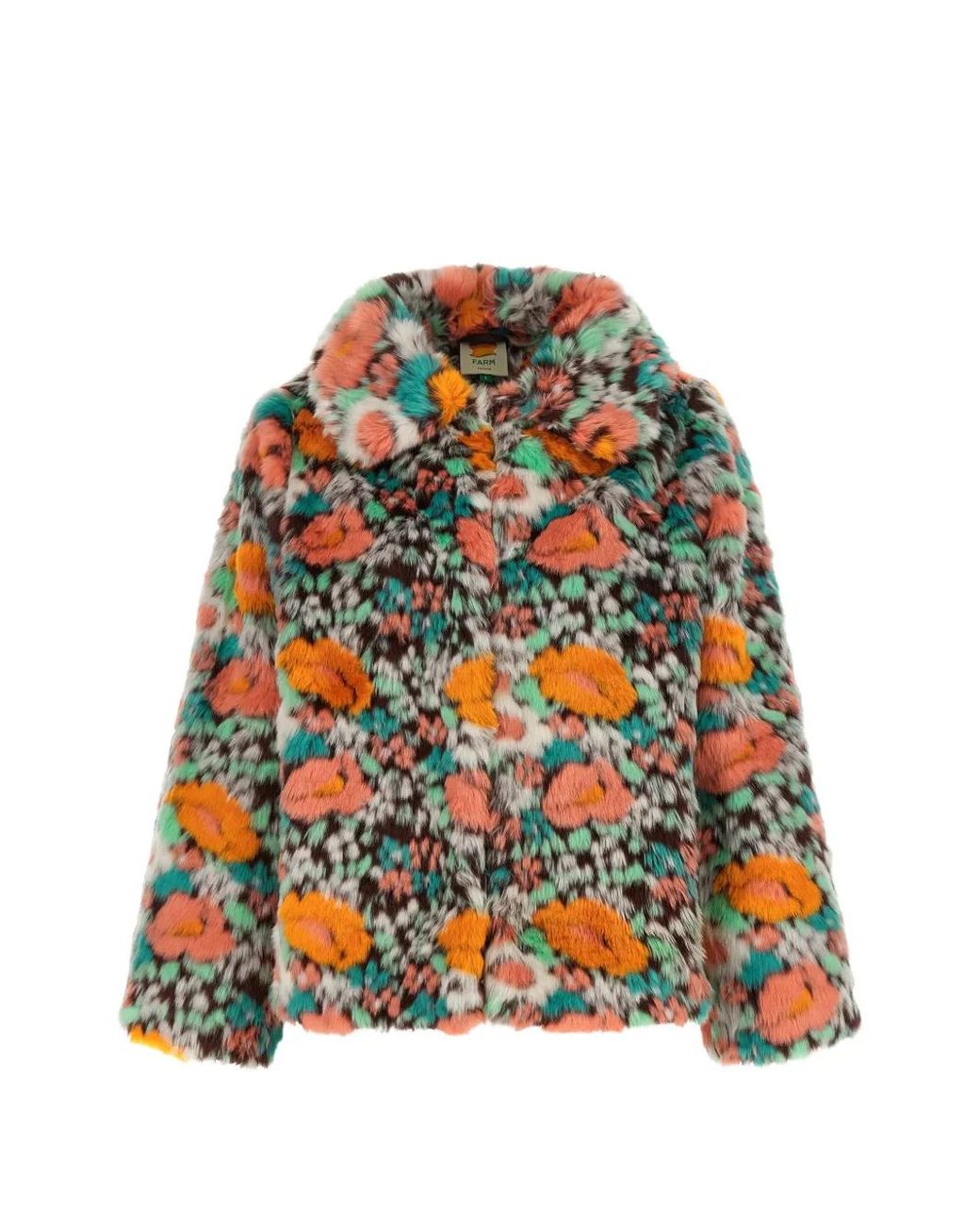 Farm Rio Orange Faux-Fur Floral-Pattern Coat