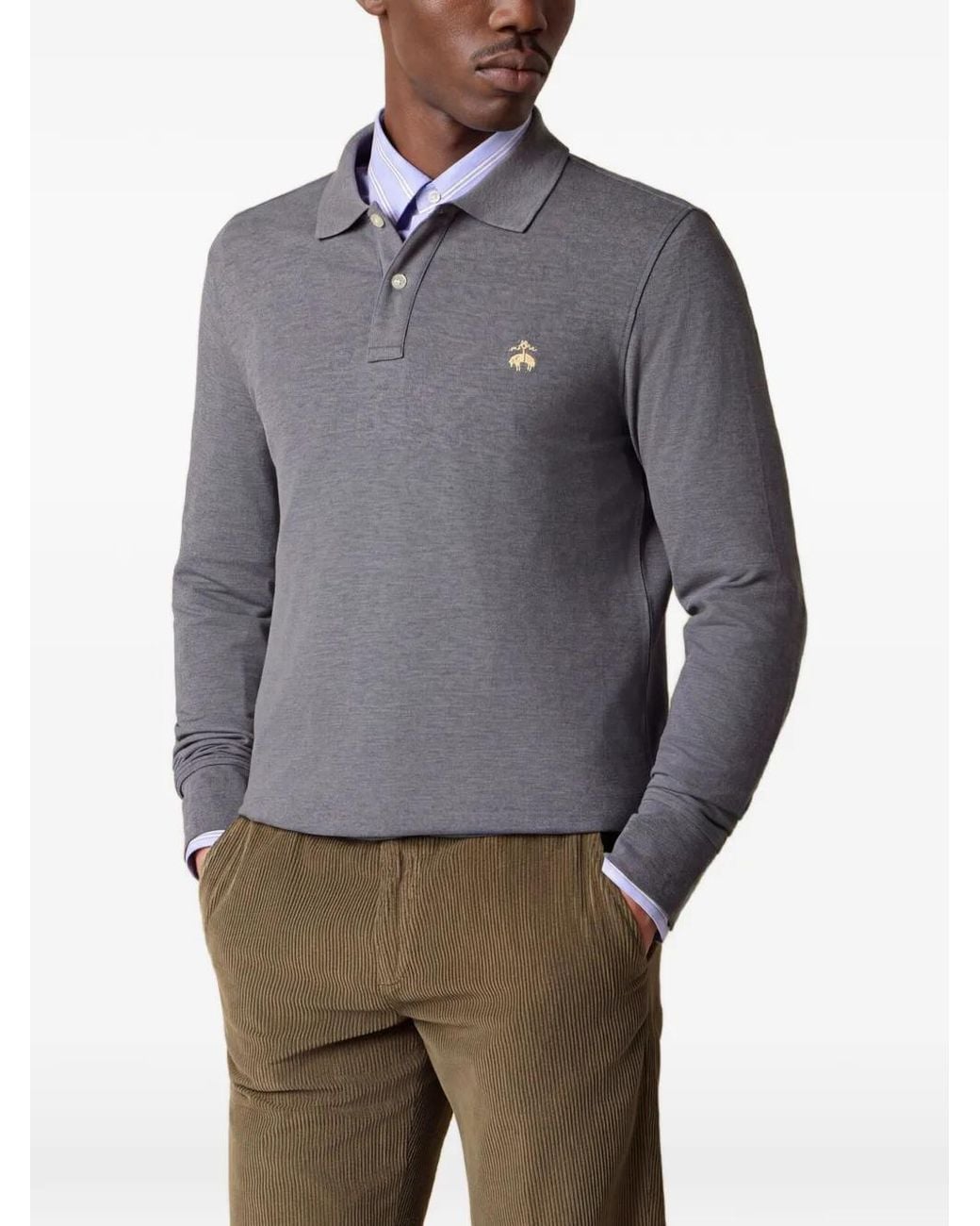 Brooks Brothers Gray Logo-Embroidered Long-Sleeve Polo Shirt for men