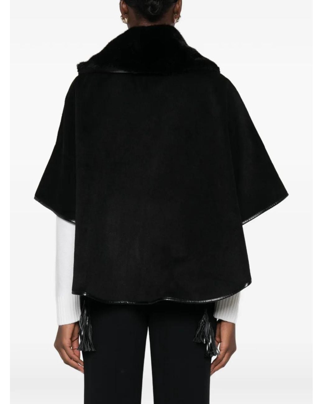 Twinset Black Faux-Fur Collar Tassel Cape