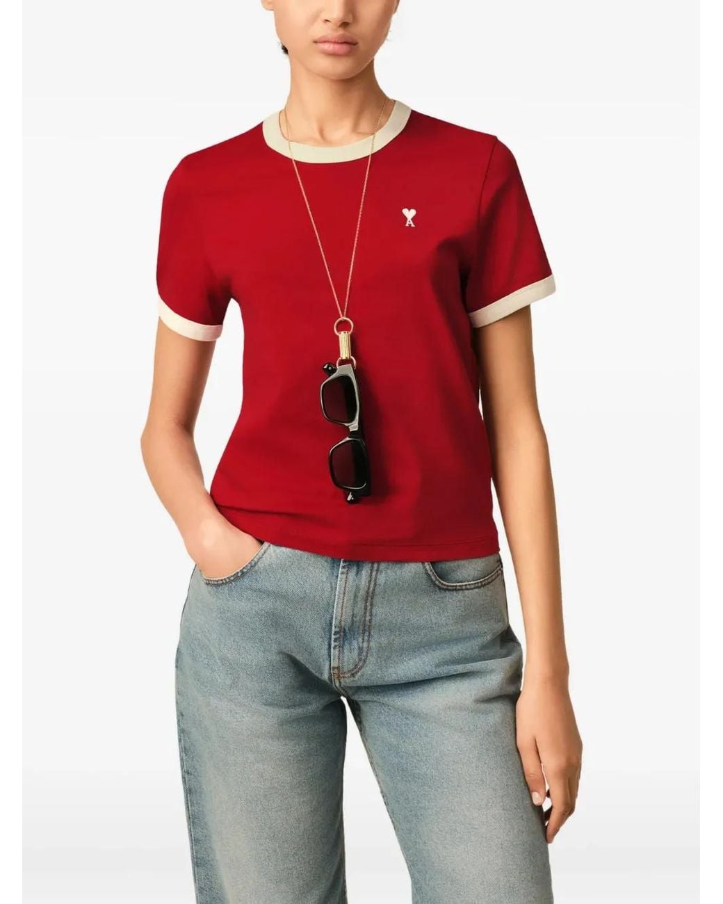 AMI Red Contrasted Cotton T-Shirt With Ami De Coeur
