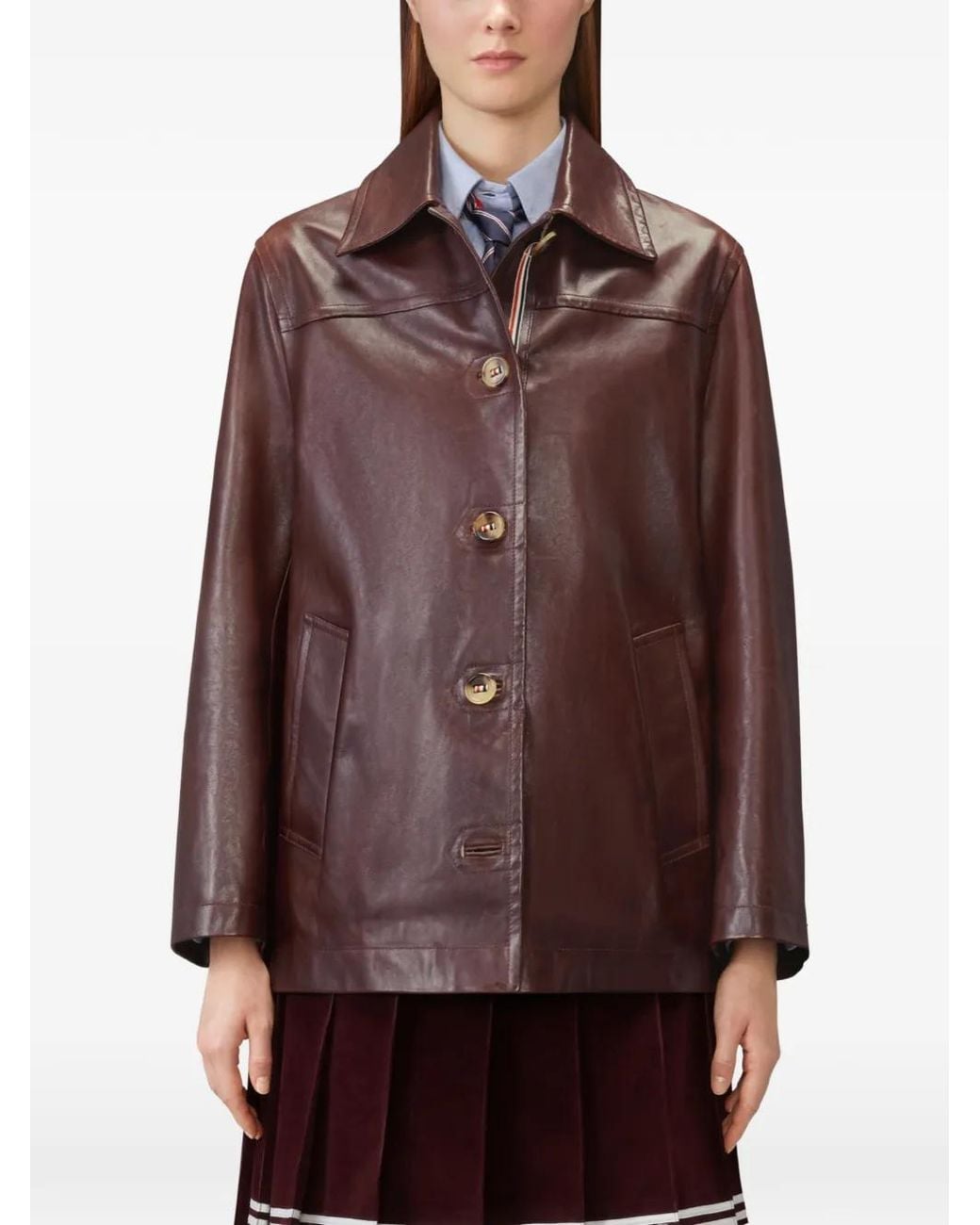 Thom Browne Brown Leather Dockside Coat
