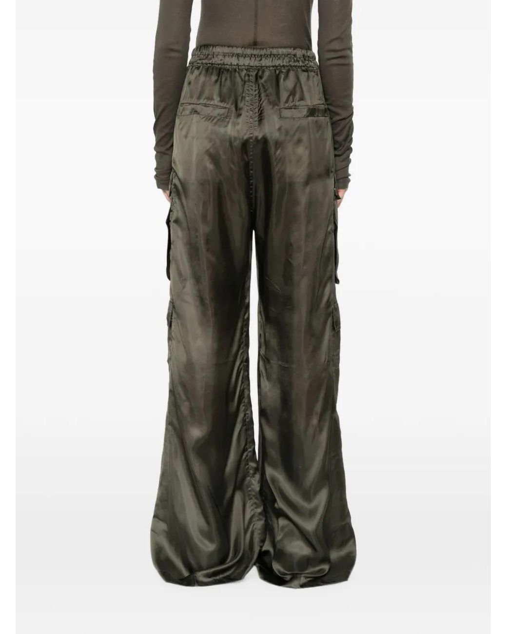 Rick Owens Green Pantalon Satiné À Poches Cargo Et Lien De Resserrage