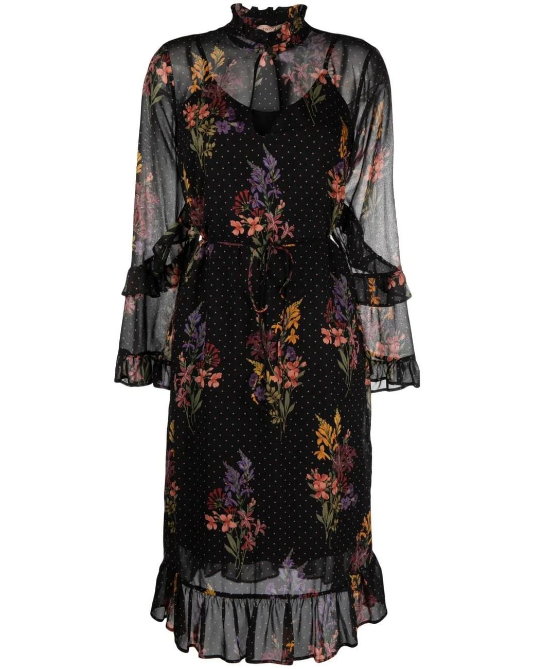Twinset Black Double-Layer Floral-Print Midi Dress