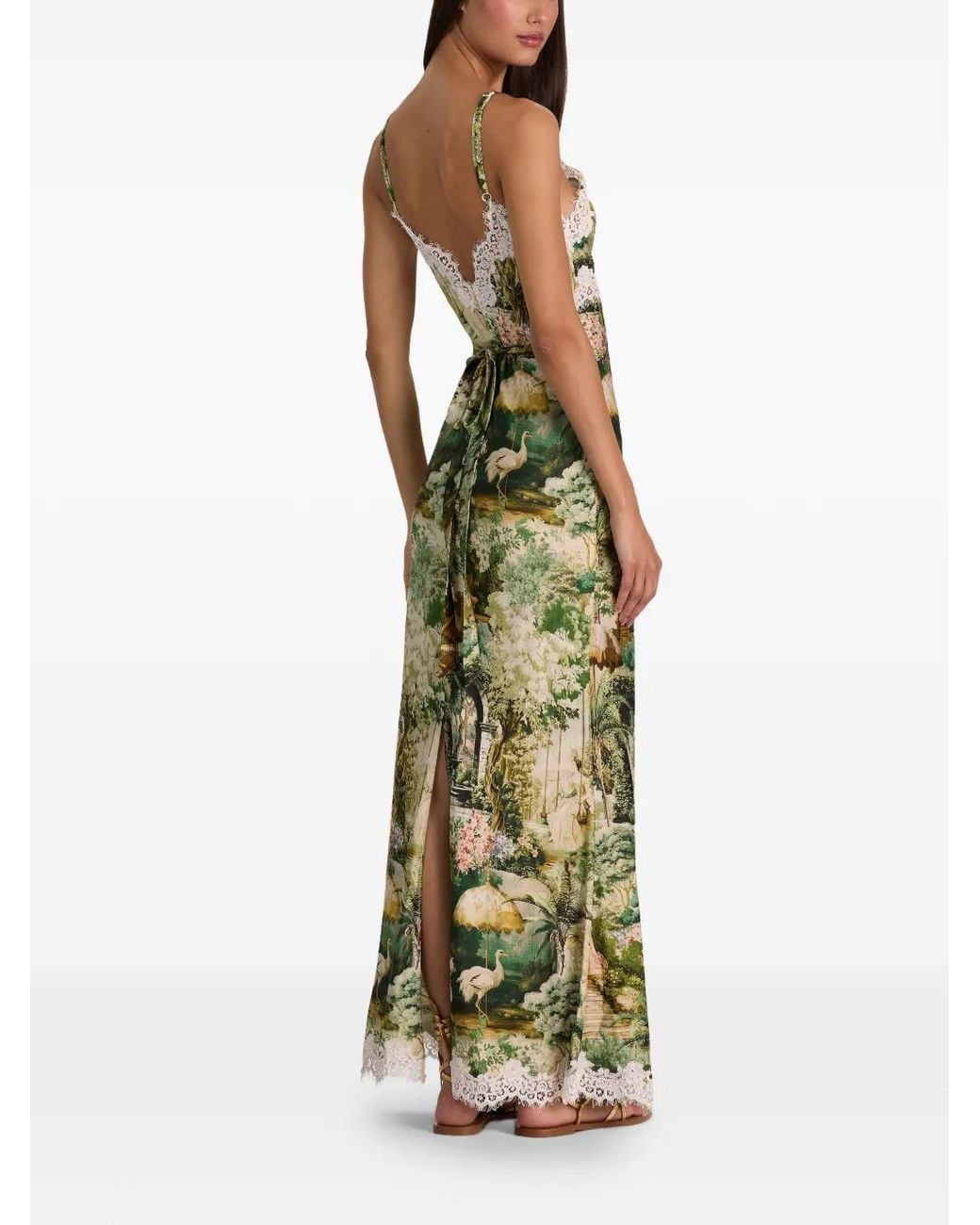 Alice + Olivia Green Lace-Trim Landscape-Print Maxi Slip Dress
